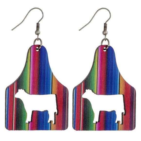 Jewelry - Serape Rainbow Stripe Cow Tag Dangle Cute Earrings